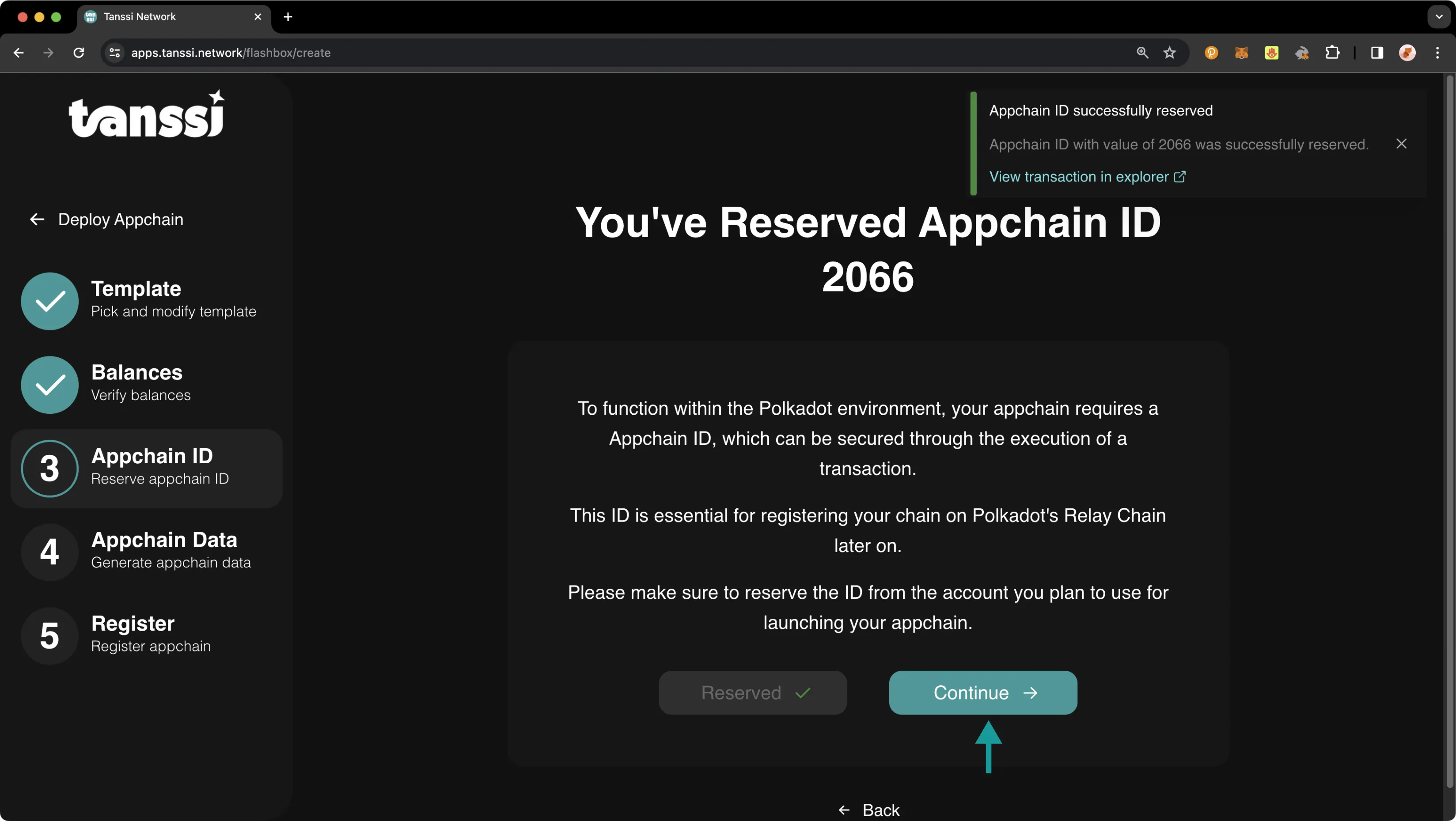 Successfully reserved your Appchain ID via the Tanssi dApp.