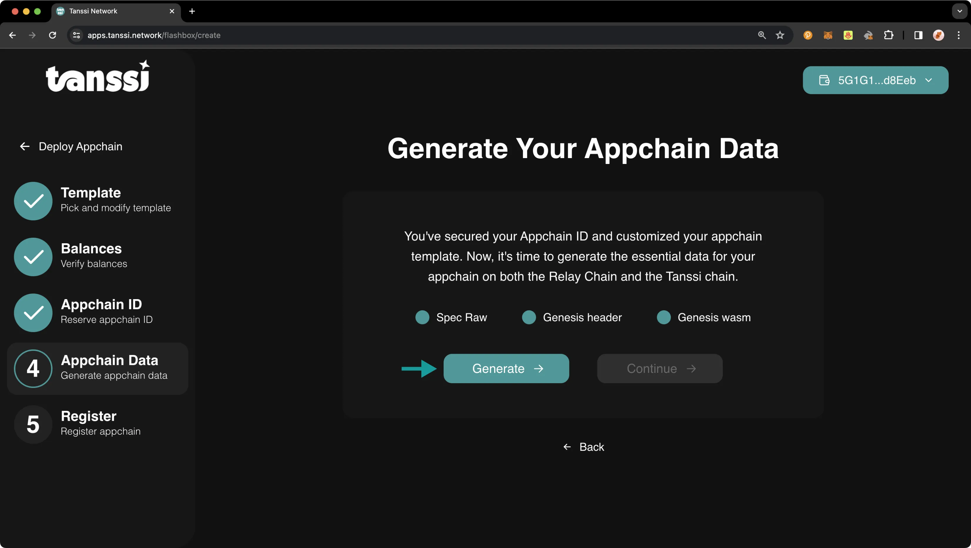 Generate your Appchain files with the click of a button on the Tanssi dApp.