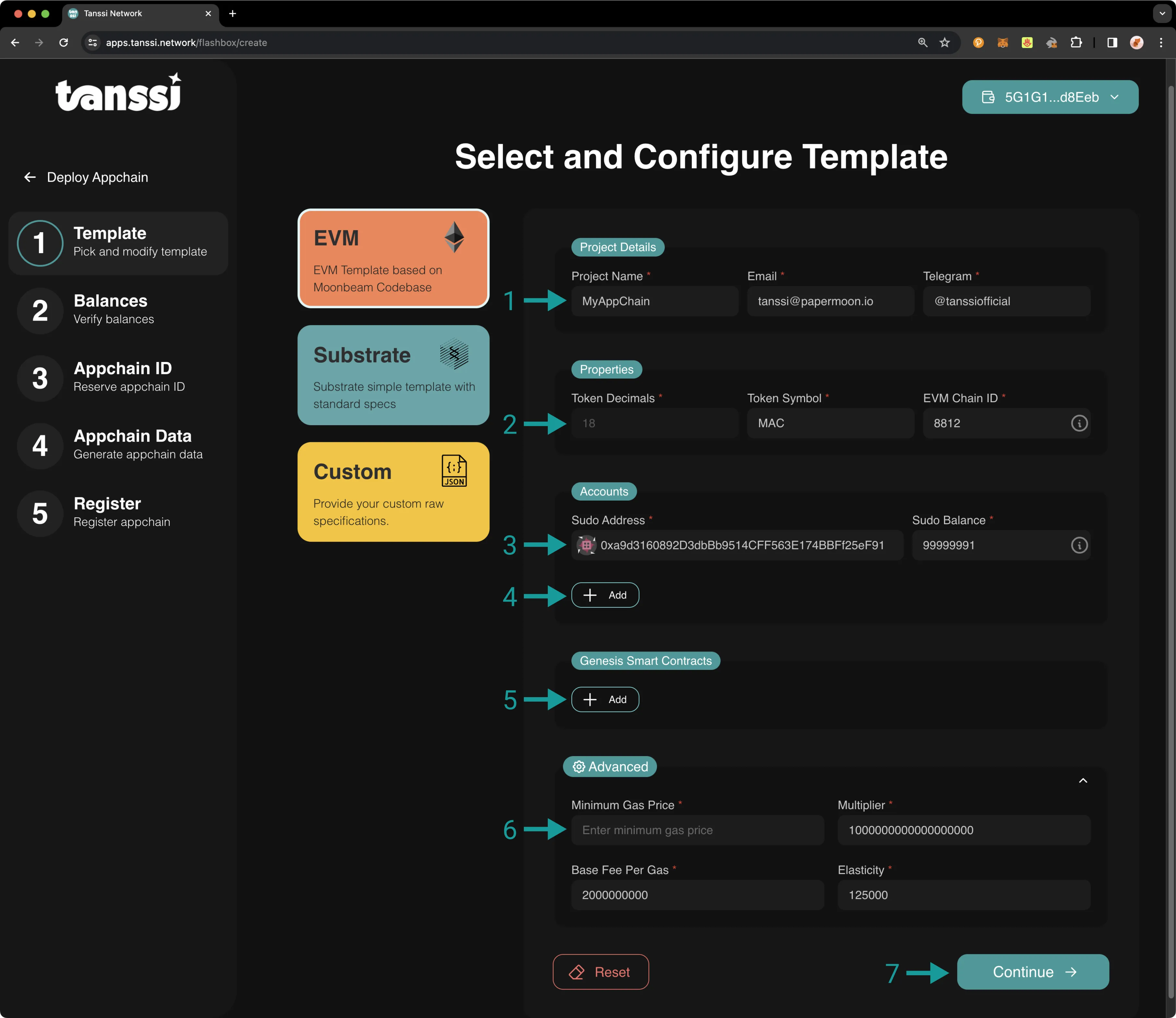 Create an EVM ContainerChain with the Tanssi dApp.
