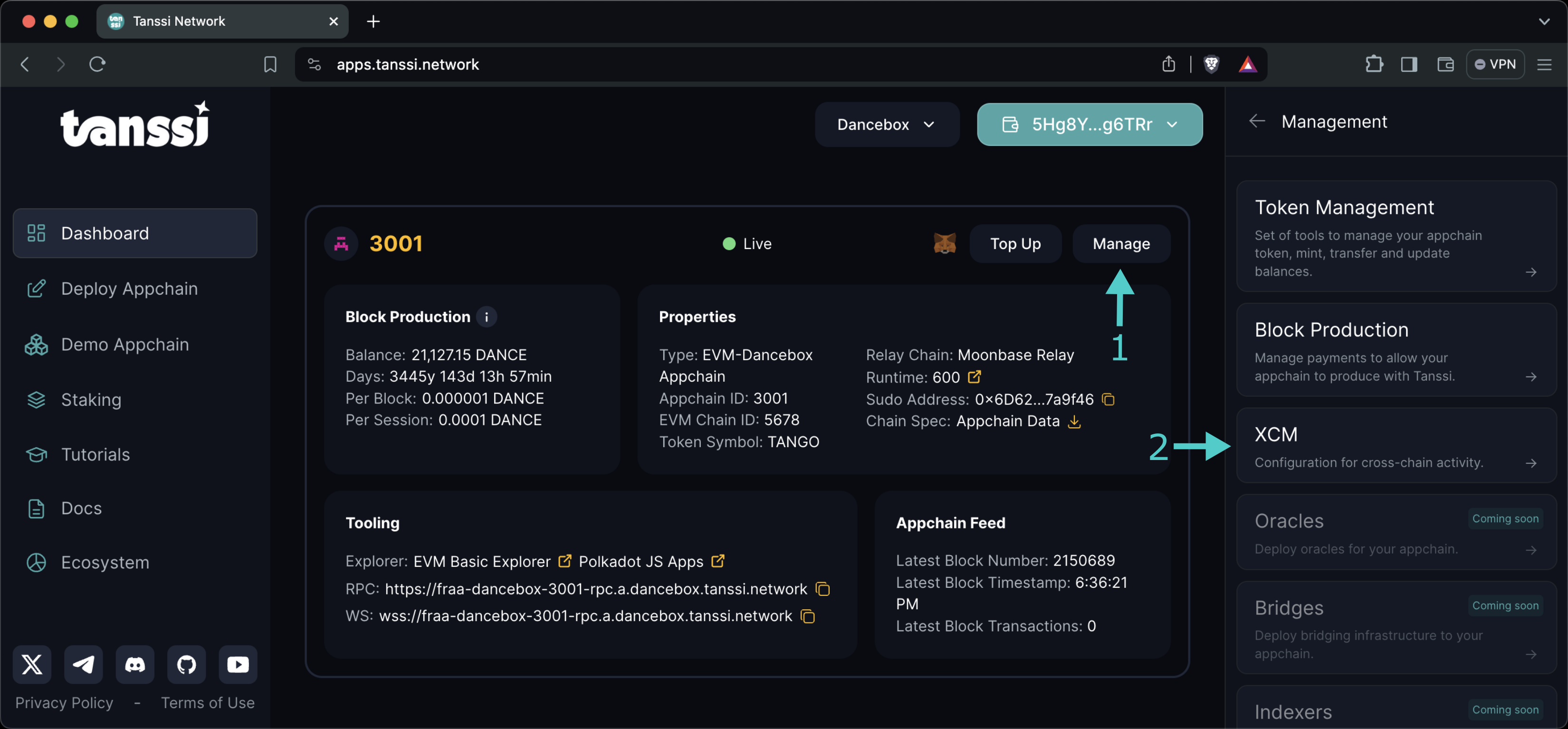 Accessing the cross-chain management panel