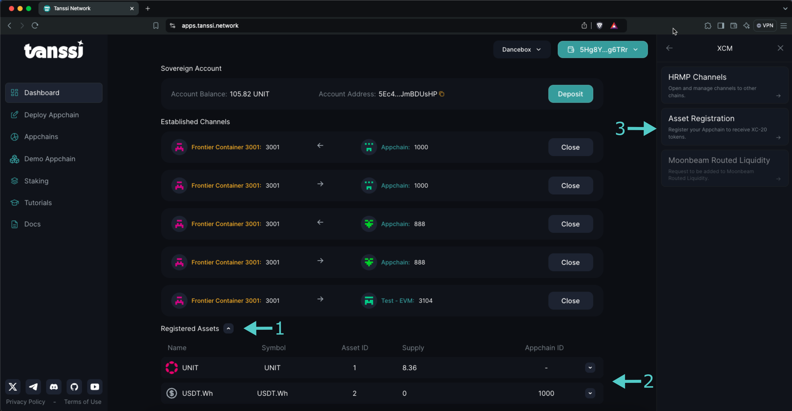 The cross-chain management panel