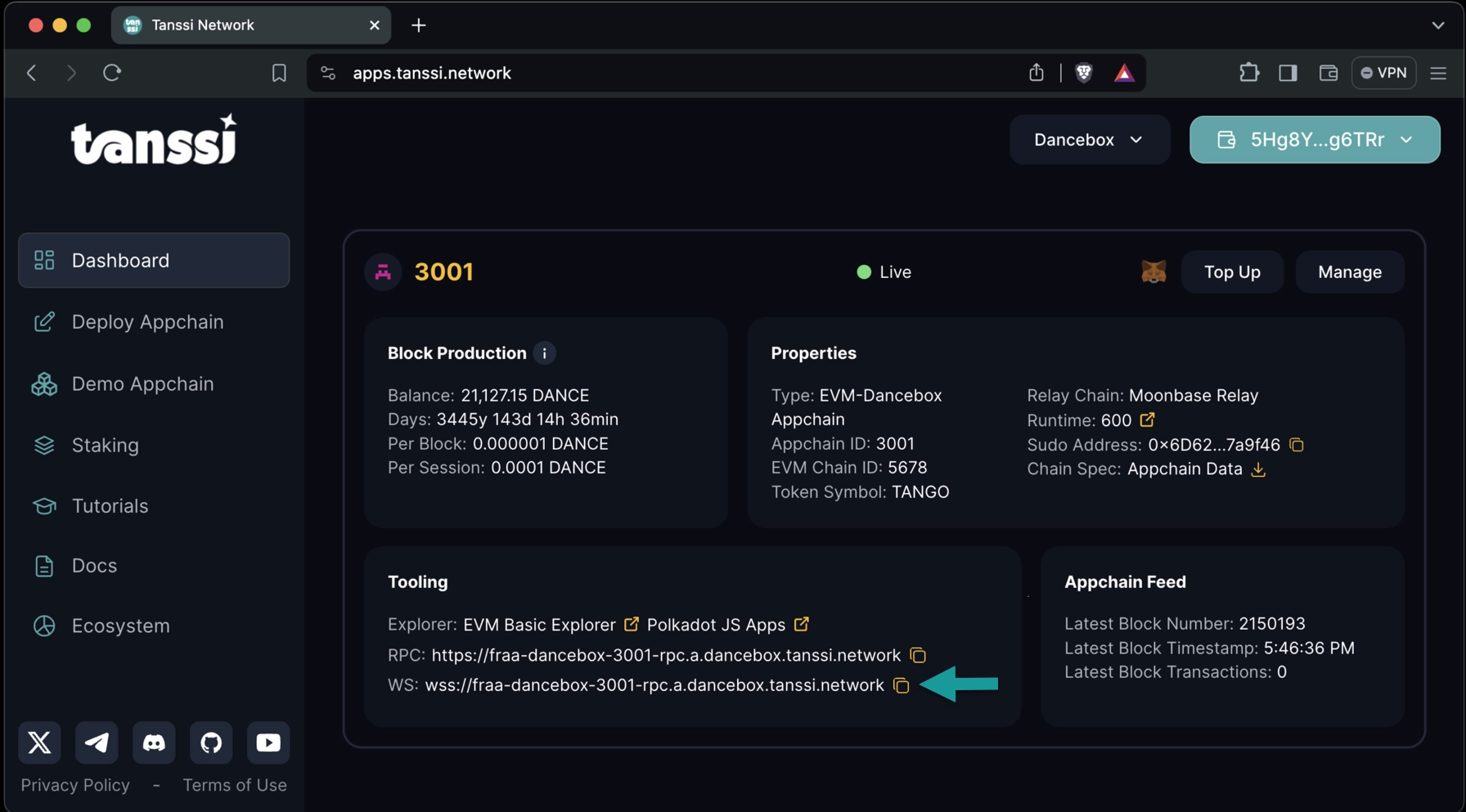 Retrieve your WS URL from the Tanssi dashboard