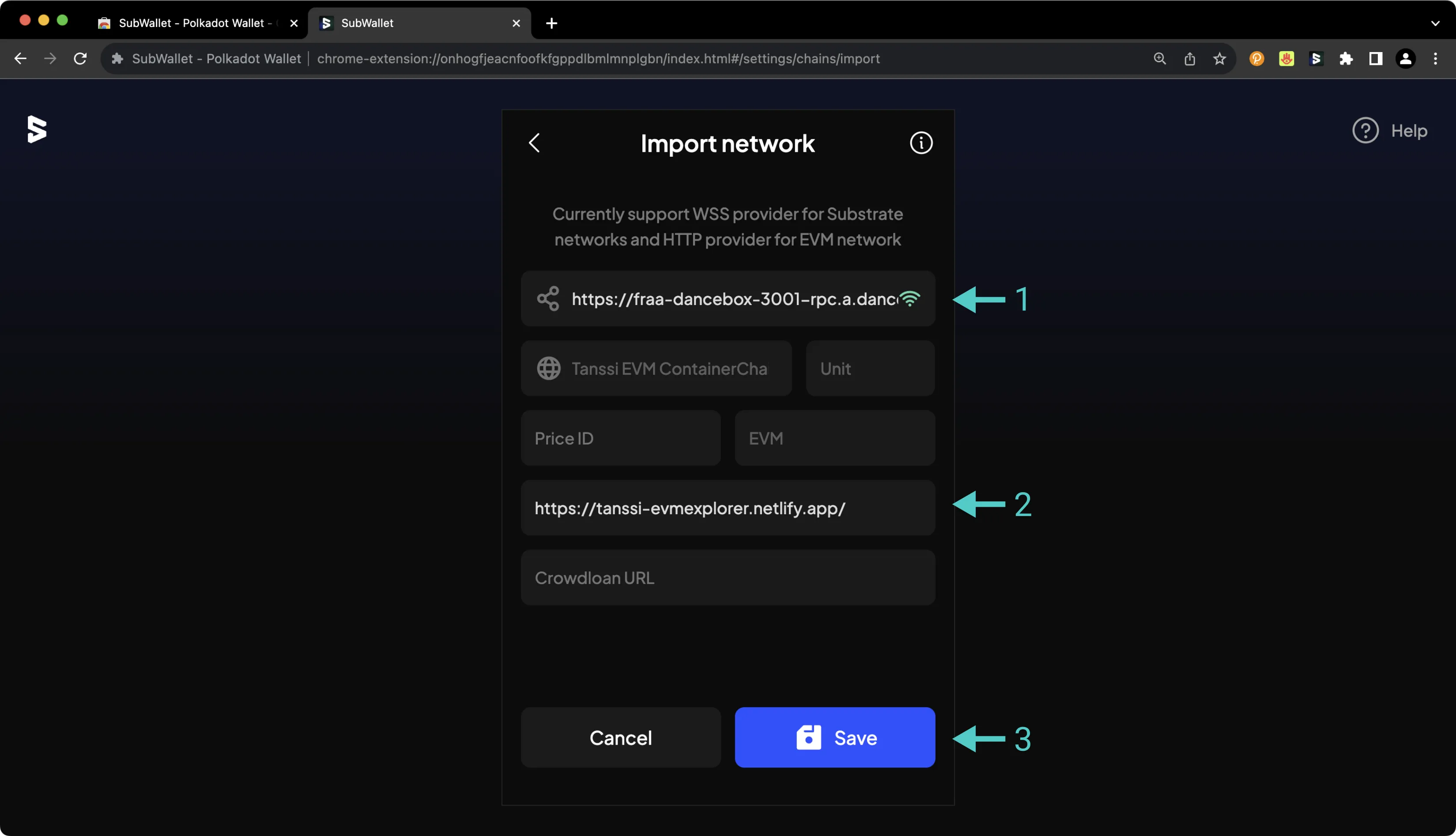 Add your Tanssi Appchain Network Details in SubWallet