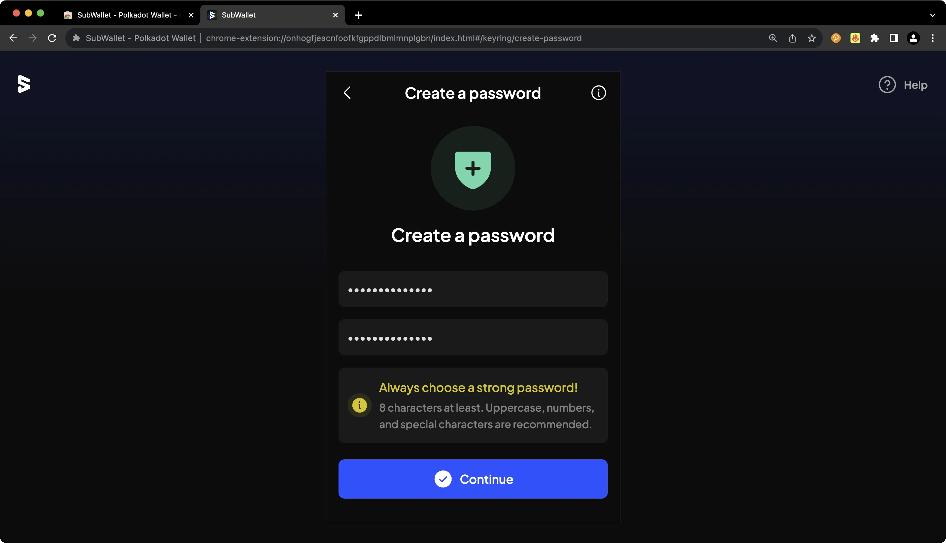 Create a password for SubWallet
