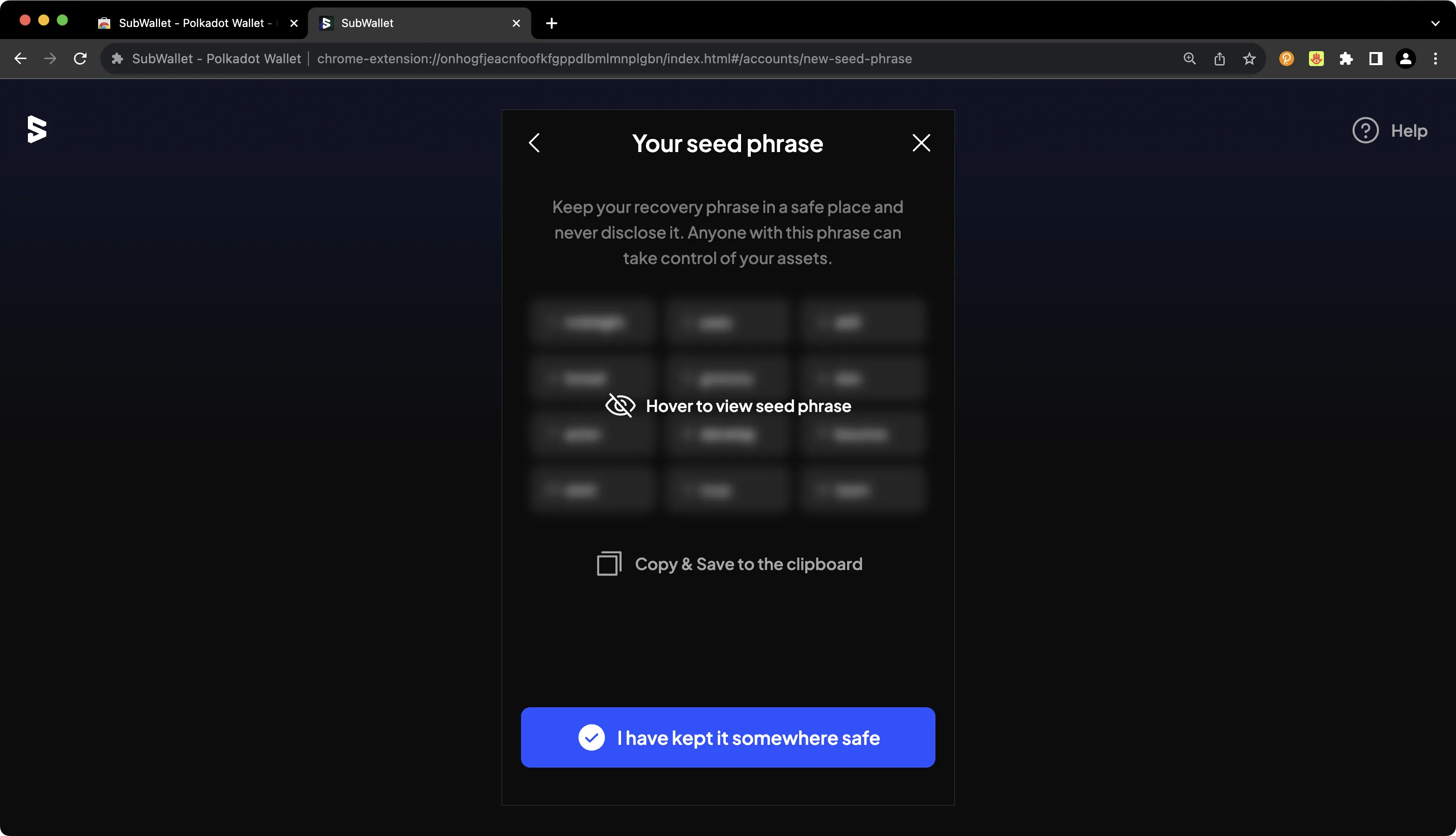 Back up your seed phrase in SubWallet