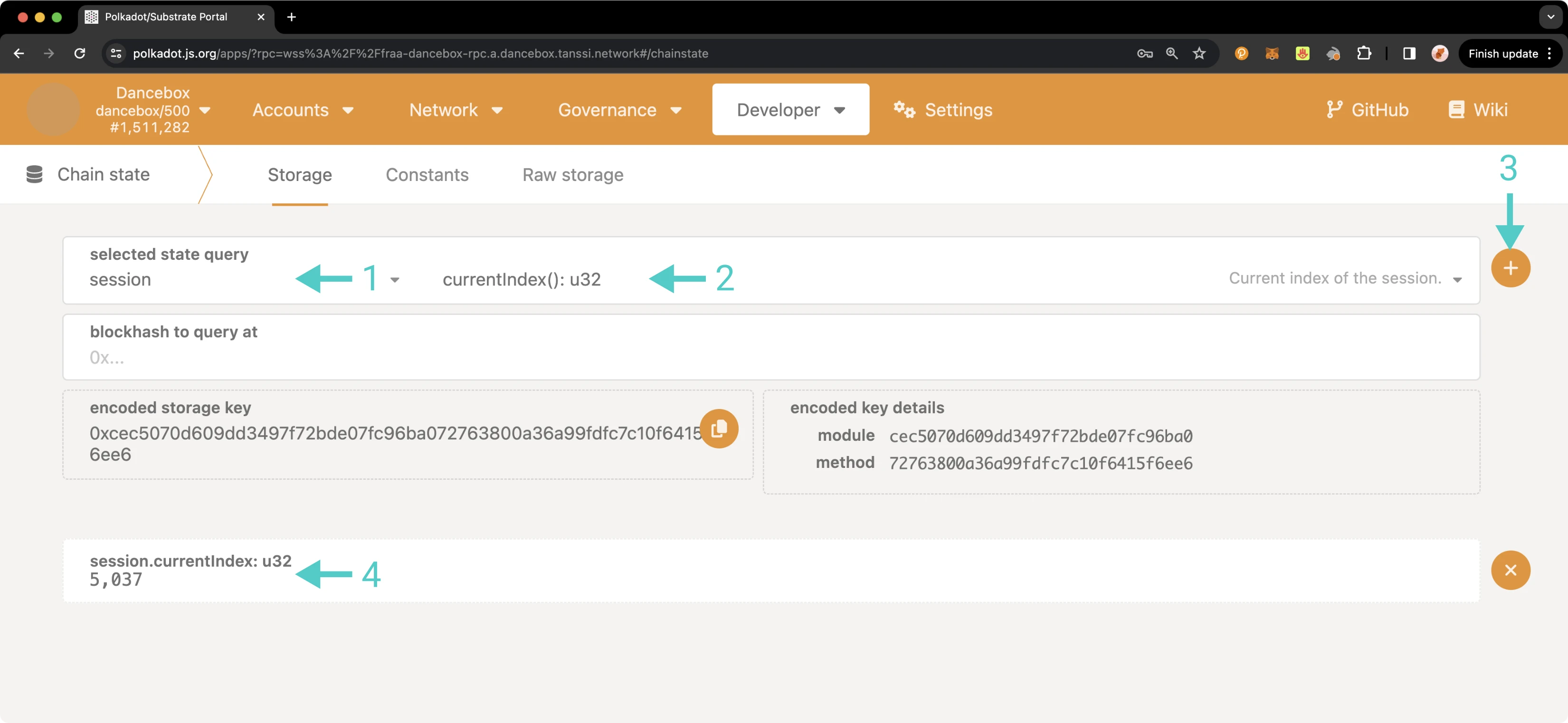 Query the current session index on Polkadot.js Apps