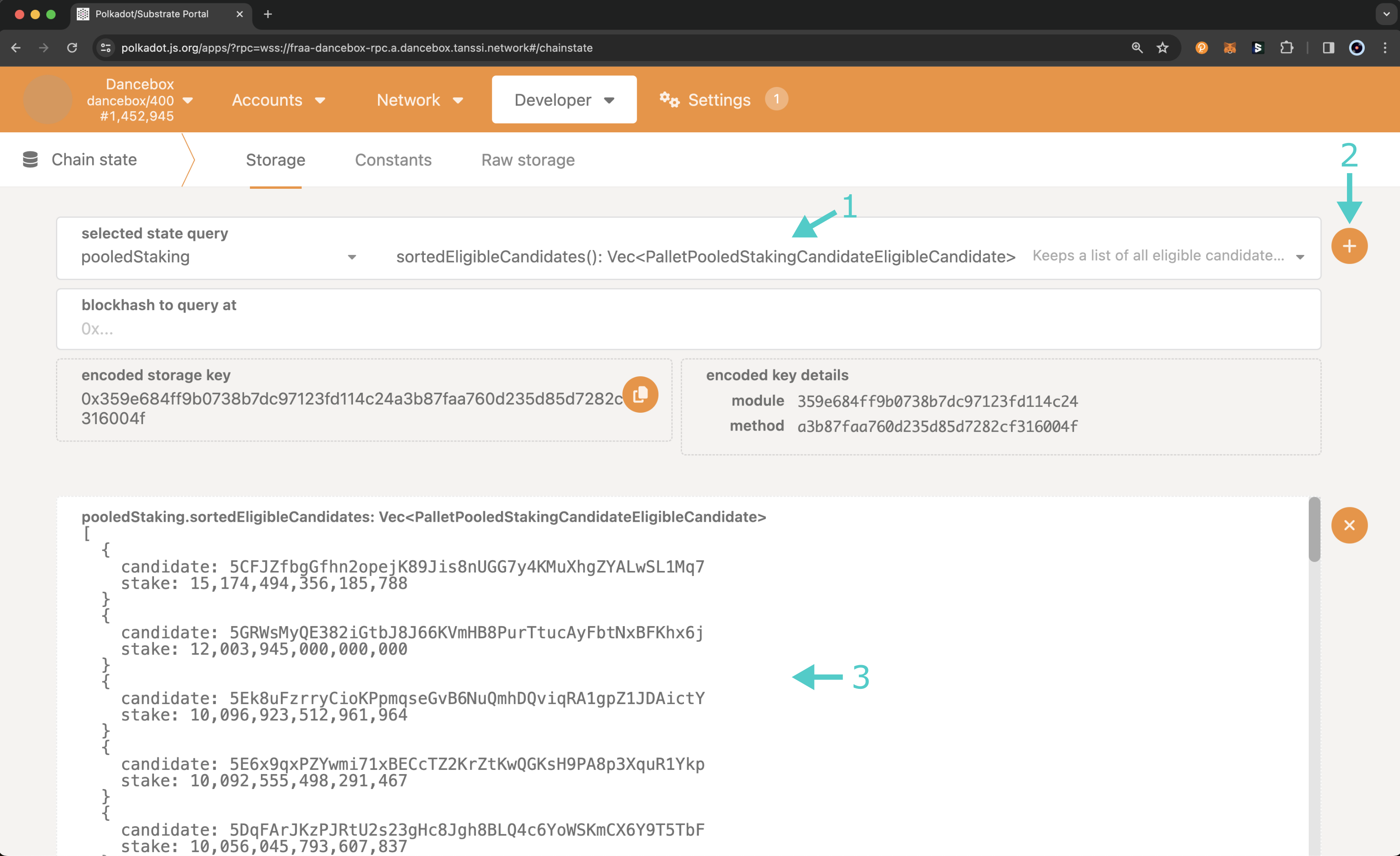 Query the current list of eligible candidates on Polkadot.js Apps