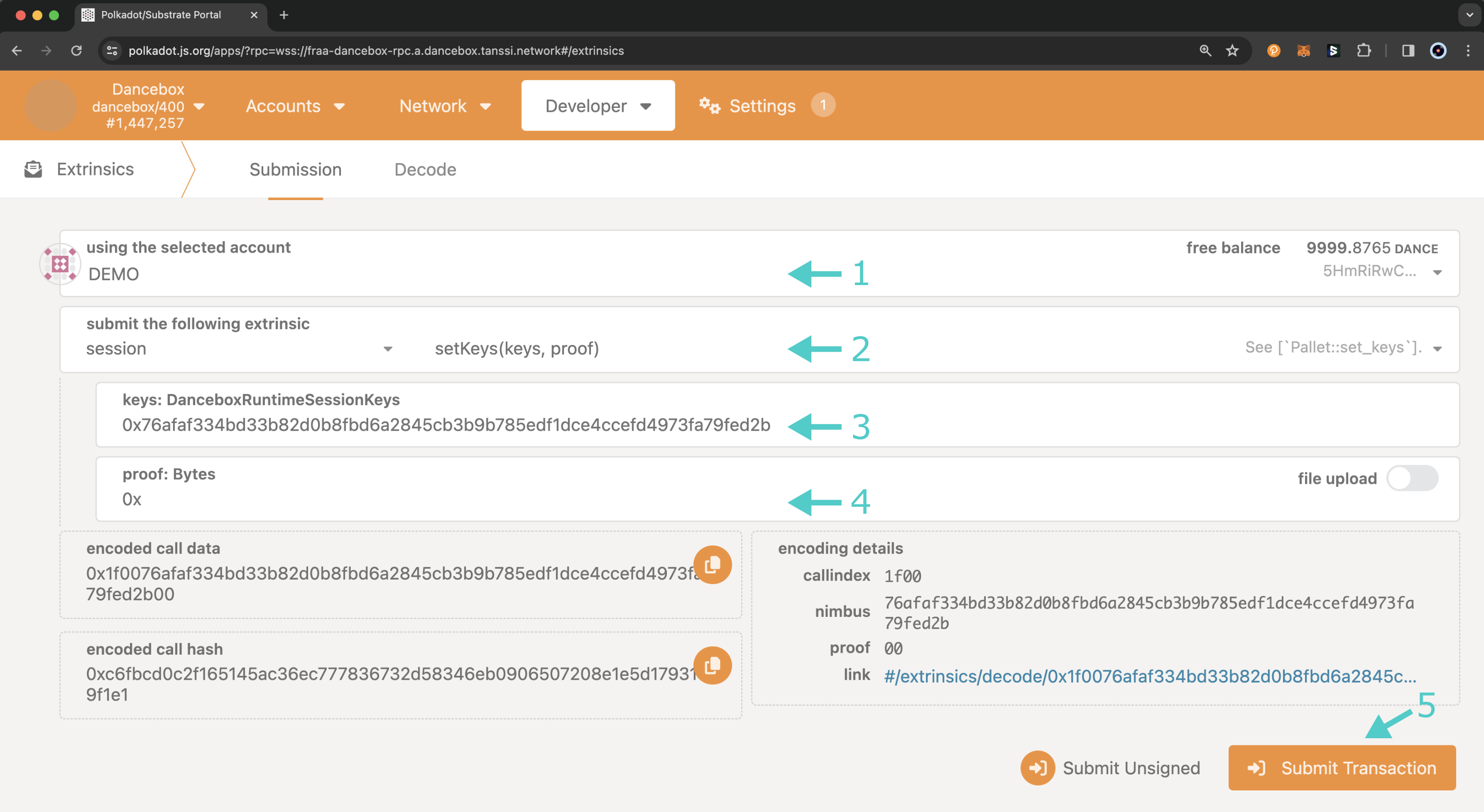 Create and submit an extrinsic to set session keys on Polkadot.js Apps