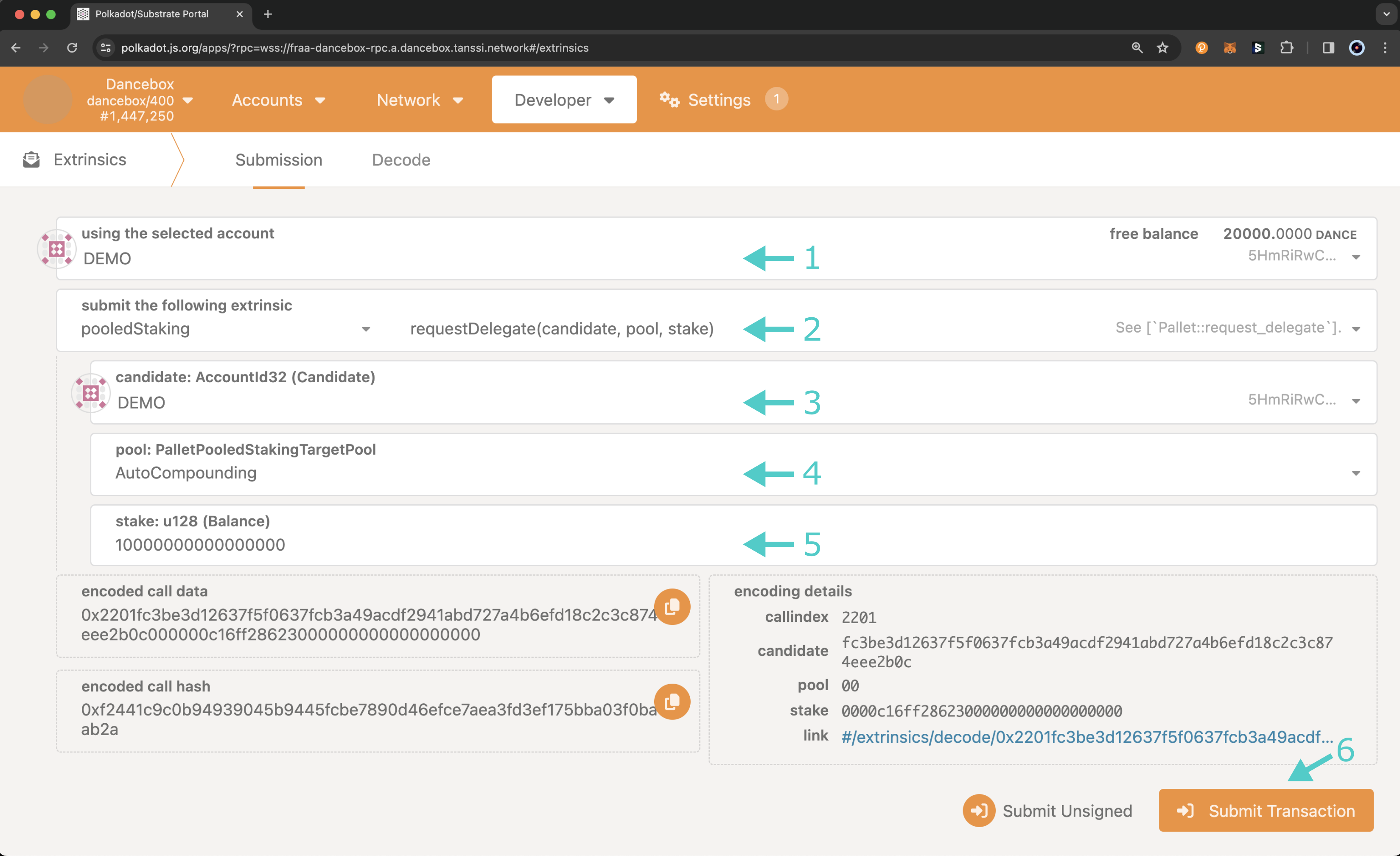 Create and submit an extrinsic to self-delegate on Polkadot.js Apps