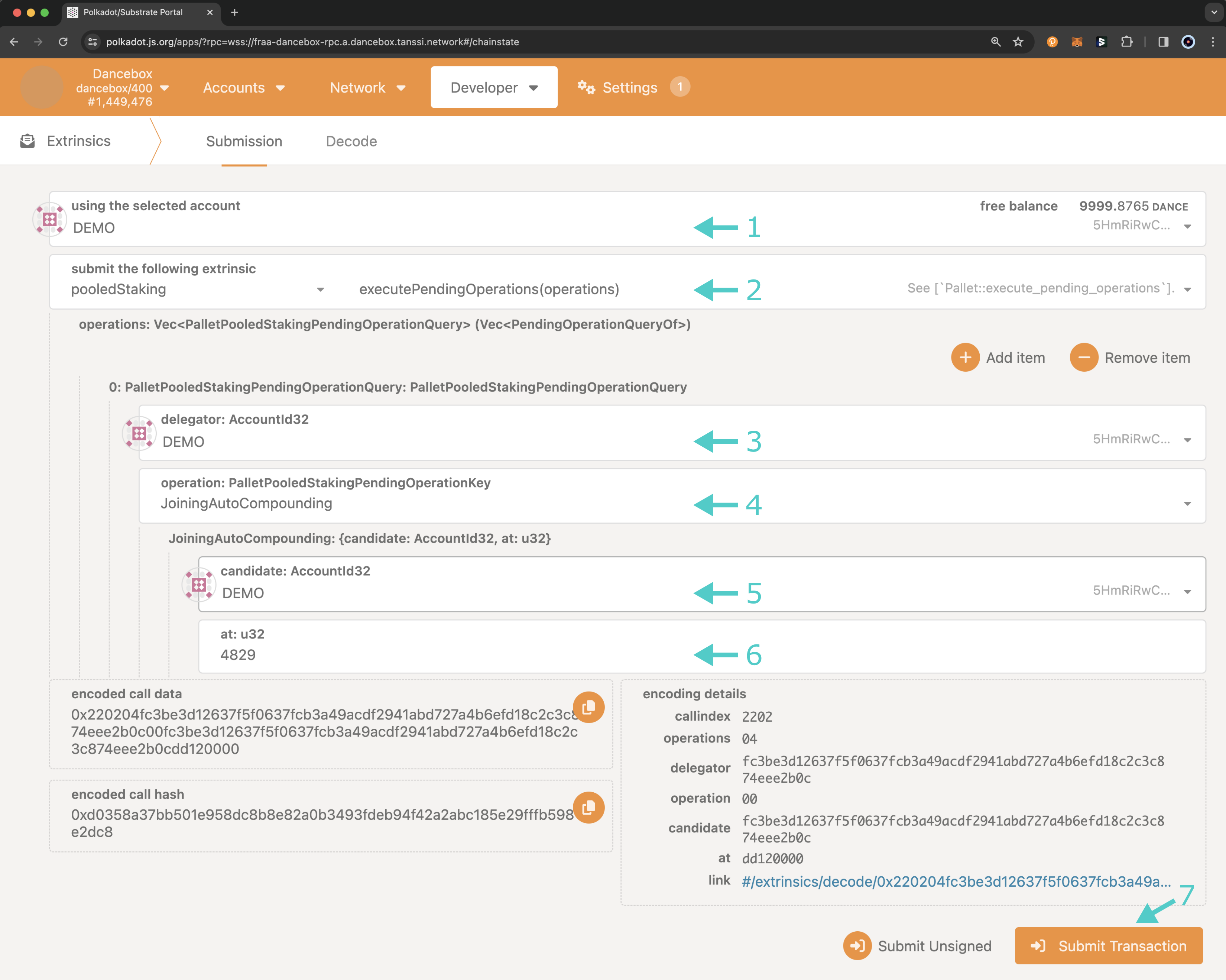 Create and submit an extrinsic to execute the pending self-delegation request on Polkadot.js Apps