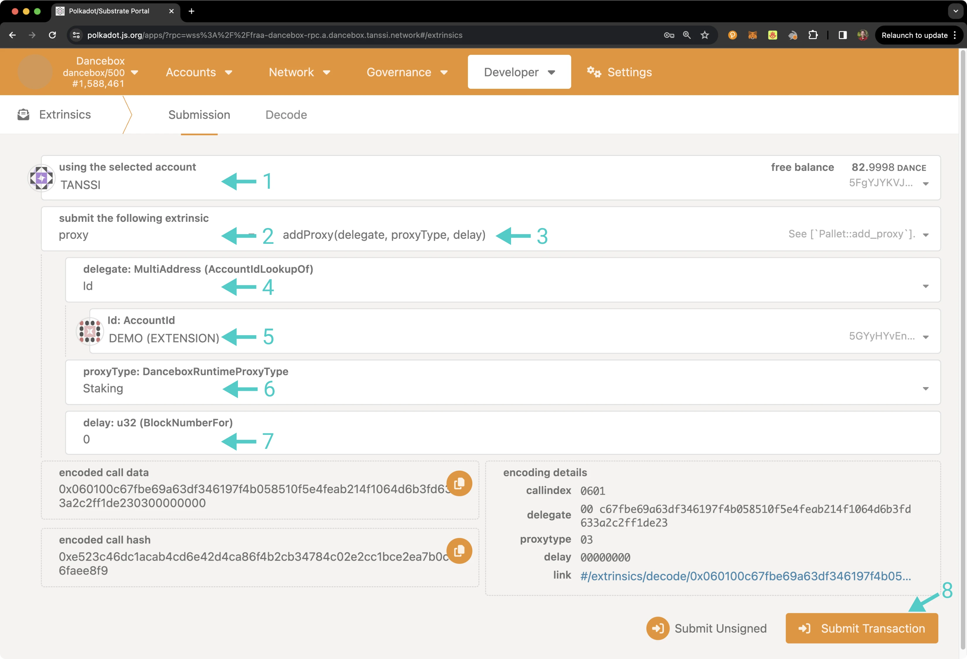 Add a proxy account from the Extrinsics page of Polkadot.js Apps.